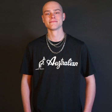 Black Australian t-shirt with a silver logo